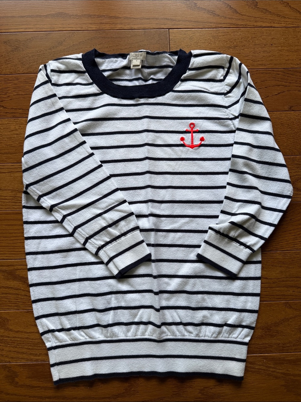 J. Crew White & Navy Striped Sweater with Red Anchor Accent